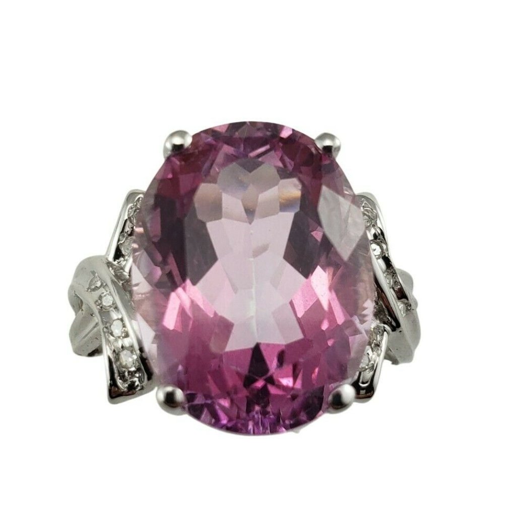 Vintage 14 Karat White Gold Pink Glass And Diamond Ring Size 6 #9935